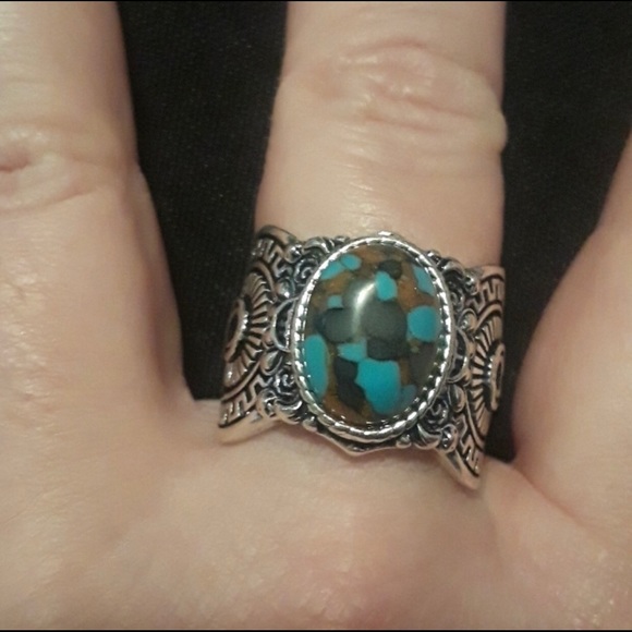 Mojave Turquoise Arizona Copper Purple Marbled Carved Embellished Mayan Ring 9 - Picture 1 of 7